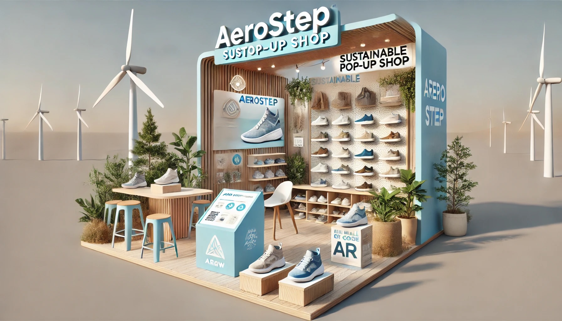 an ai generated image of an Aerostep pop-up event, featuring shoe displays, design elements, and interactivity