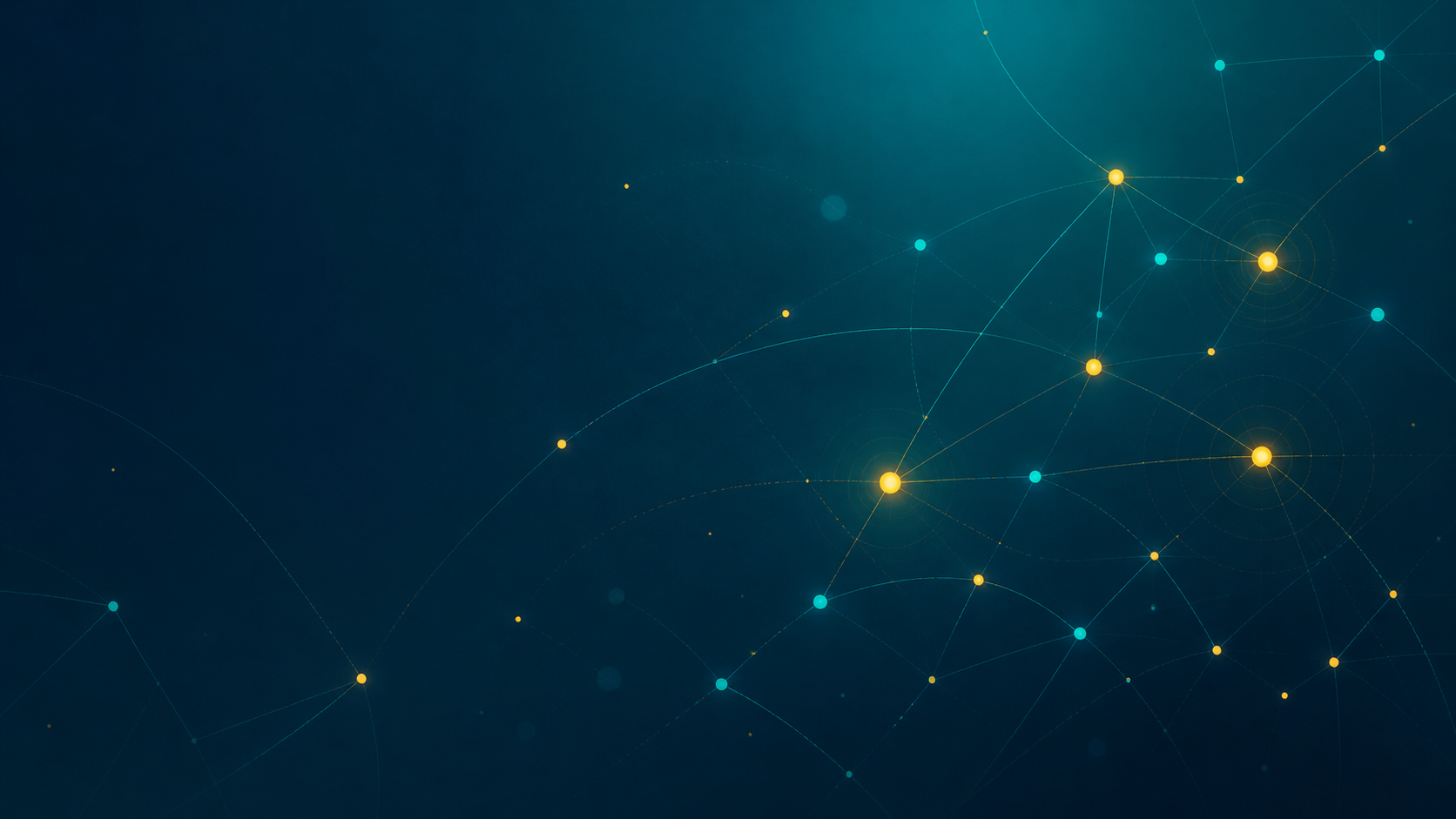 Abstract network of connected nodes in blue-green tones with glowing yellow points